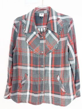 CABI TAVERN SHIRT GRAY RED WHITE PLAID BUTTON FRONT SHACKETT STYLE 4164 MEDIUM